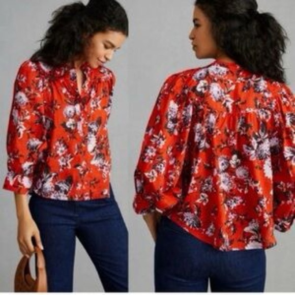 Anthropologie Tops - Maeve Anthropologie Red and Blue Graphic Blouse with Mandarin Collar Sz S